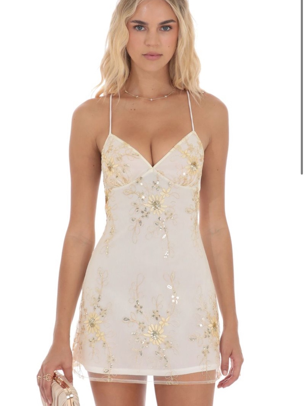 Lucy in the Sky | White & Gold Floral Embroidered Lace-Up Dress - Picture 6 of 7